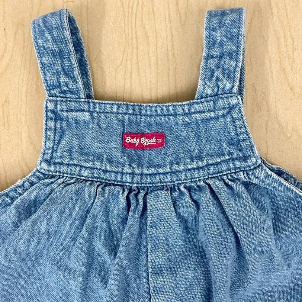 Vintage OshKosh Denim Overalls Girls 18M Cat Embroidered Plaid Ruffles B’Gosh